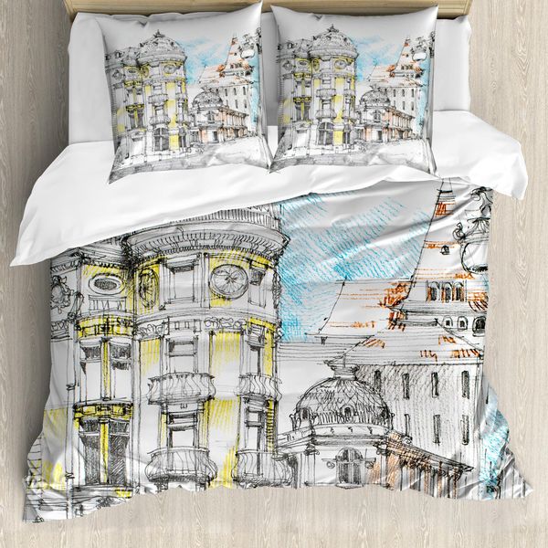 Abakuhaus Set Copripiumino Medievale Per Letti Matrimoniali, Disegno Di Città Europea, Antiacaro, Adatto A Chi Soffre Di Allergie, Con Federe, Multicolore-image
