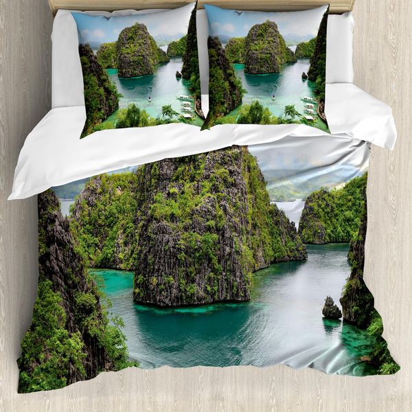 Abakuhaus Copripiumino Insel, Cliff In Filippine, Antiacaro, Adatto A Chi Soffre Di Allergie, Con Federe, 155 Cm X 220 Cm - 80 X 80 Cm, Verde Marrone Blu-image