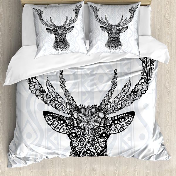 Abakuhaus Copripiumino Hirsch, Bohem Deer, Antiacaro, Adatto A Chi Soffre Di Allergie, Con Federe, 200 Cm X 200 Cm - 80 X 80 Cm, Bianco E Nero-image
