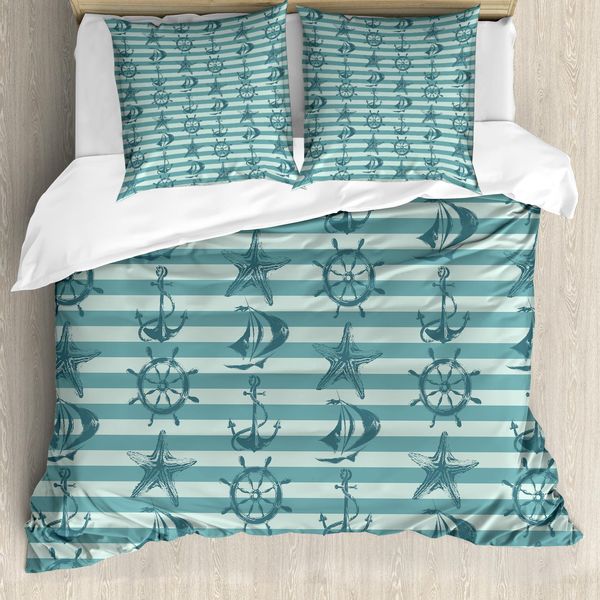 Abakuhaus Copripiumino Steuerrad, Ancora Con Timone, Antiacaro, Adatto A Chi Soffre Di Allergie, Con Federe, 155 Cm X 220 Cm - 80 X 80 Cm, Beige Verde Acqua-image