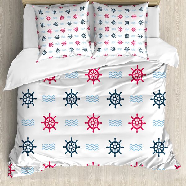 Abakuhaus Copripiumino Steuerrad, Timone Navale Onde Retrò, Antiacaro, Adatto A Chi Soffre Di Allergie, Con Federe, 200 Cm X 200 Cm - 80 X 80 Cm, Rosso Blu-image
