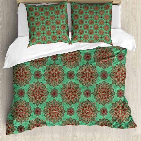 Abakuhaus Copripiumino Turchese, Mandala, Antiacaro, Adatto A Chi Soffre Di Allergie, Con Federe, 155 Cm X 220 Cm - 80 X 80 Cm, Verde, Rosso, Giallo-image
