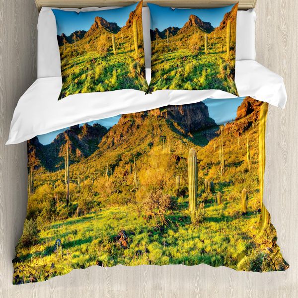 Abakuhaus Copripiumino Saguaro, Picacho Peak E Sun, Antiacaro, Adatto A Chi Soffre Di Allergie, Con Federe, 200 Cm X 200 Cm - 80 X 80 Cm, Verde Blu-image