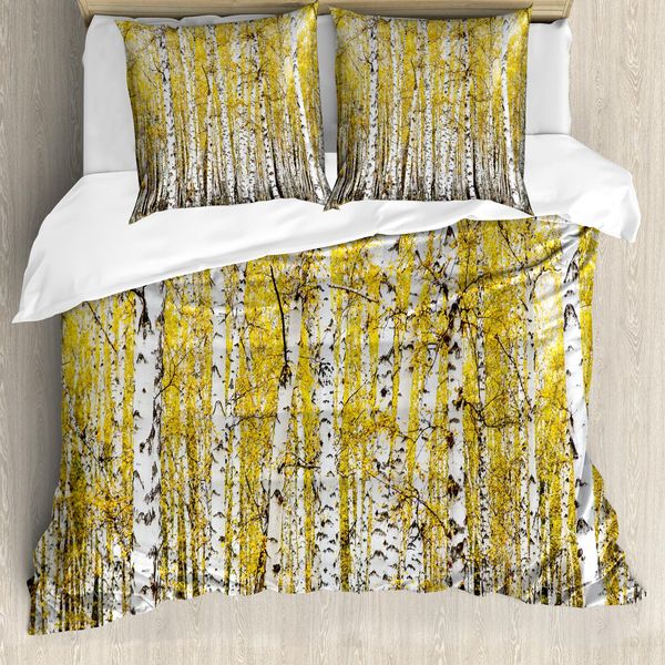 Abakuhaus Set Copripiumino Autunnale Per Letti Matrimoniali, Foglie Dorate Del Bosco, Antiacaro, Adatto A Chi Soffre Di Allergie, Con Federe, Giallo-Grigio-image