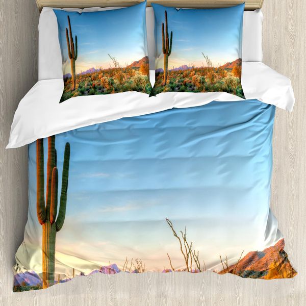 Abakuhaus Copripiumino Saguaro, Sole Nel Deserto Cactus, Antiacaro Adatto A Chi Soffre Di Allergie Con Federe, 200 Cm X 200 Cm - 80 X 80 Cm, Arancione, Blu, Verde-image