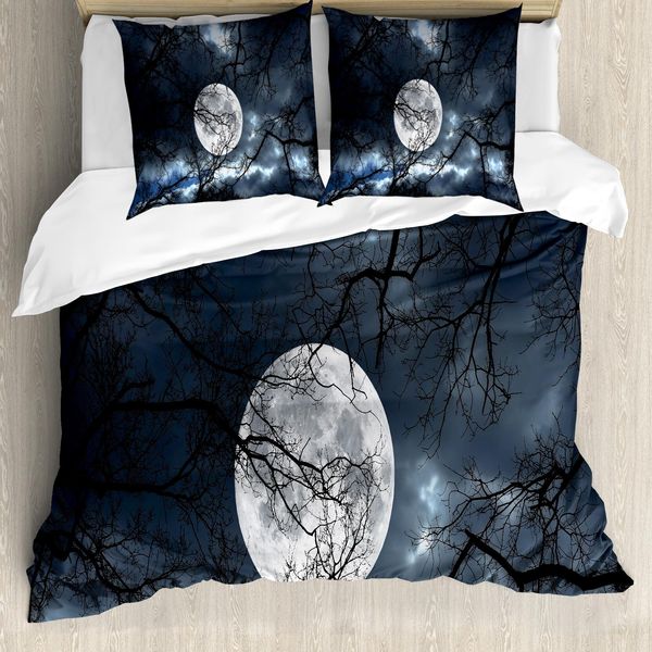 Abakuhaus Copripiumino Wald, Luna Nella Notte Nella Foresta, Antiacaro Adatto A Chi Soffre Di Allergie Con Federe, 200 Cm X 200 Cm - 80 X 80 Cm, Blu-Nero-Giallo-image