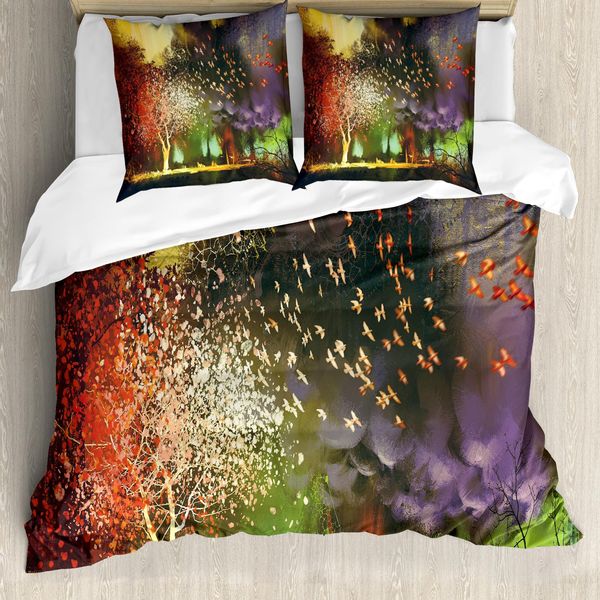 Abakuhaus Copripiumino Fantasia, Alberi Misteriosi Uccelli, Antiacaro Adatto A Chi Soffre Di Allergie Con Federe, 200 Cm X 200 Cm - 80 X 80 Cm, Giallo Viola-image