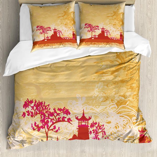 Abakuhaus Copripiumino Asiatico, Elementi, Antiacaro, Adatto A Chi Soffre Di Allergie, Con Federe, 200 Cm X 200 Cm - 80 X 80 Cm, Arancione Persiano E Rosa-image