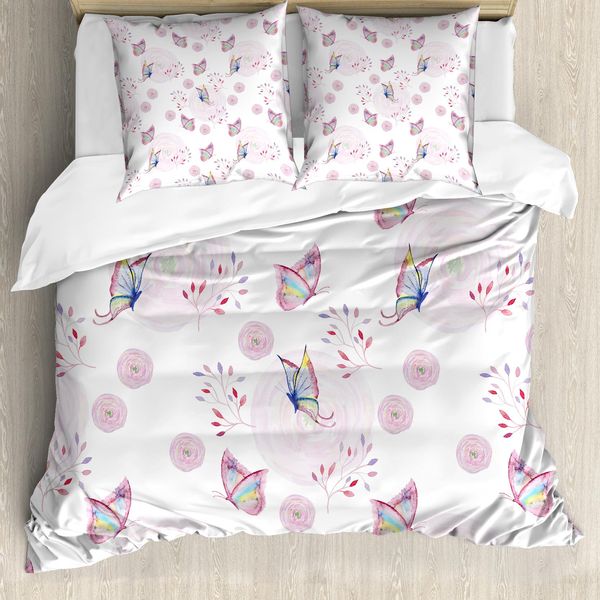 Abakuhaus Copripiumino Butterfly, Romantic Spring Retro, Antiacaro, Adatto A Chi Soffre Di Allergie, Con Federe, 155 Cm X 220 Cm - 80 X 80 Cm, Rosa, Bianco,-image