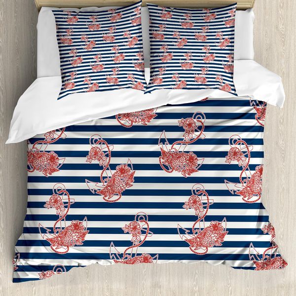 Abakuhaus Copripiumino Anker, Sfondo A Righe Anchor, Antiacaro, Adatto A Chi Soffre Di Allergie, Con Federe, 200 Cm X 200 Cm - 80 X 80 Cm, Bianco, Blu E Rosso-image