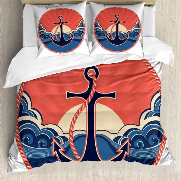 Abakuhaus Copripiumino Anker, Mare Onde Al Tramonto, Antiacaro Adatto A Chi Soffre Di Allergie Con Federe, 200 Cm X 200 Cm - 80 X 80 Cm, Rosso Blu Giallo-image