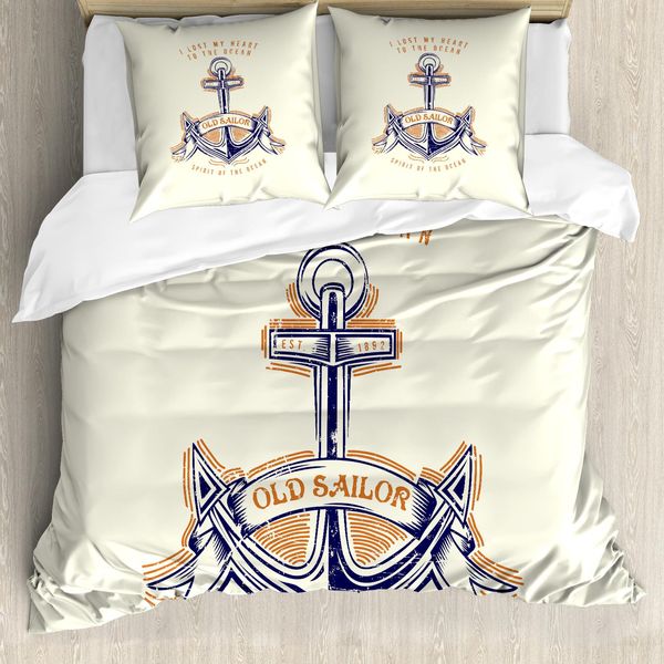 Abakuhaus Copripiumino Anker, Motivo Vintage Con Ancore, Antiacaro E Anallergico, Con Federe, 155 Cm X 220 Cm - 80 X 80 Cm, Arancione, Blu, Giallo-image