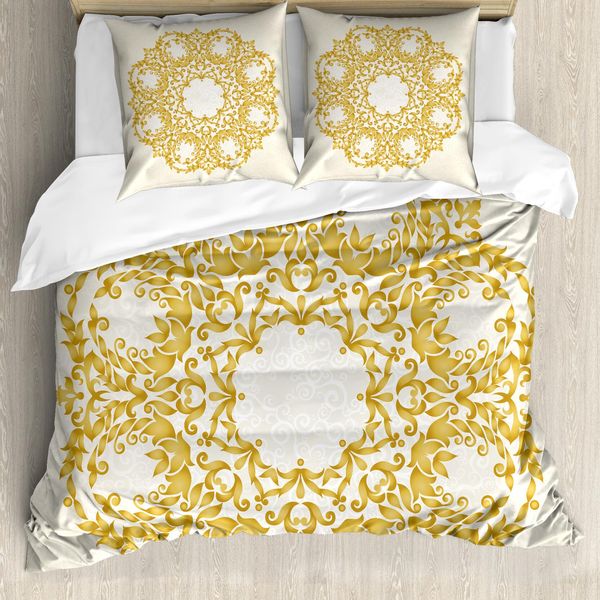 Abakuhaus Copripiumino Vittoriano, Floral Baroque Round, Antiacaro E Anallergico Con Federe, 155 Cm X 220 Cm - 80 X 80 Cm, Giallo Crema-image