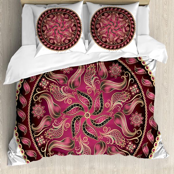 Abakuhaus Set Copripiumino Etnico Per Letti Matrimoniali, Motivo Mandala Rosso, Antiacaro, Adatto A Chi Soffre Di Allergie, Con Federe, Rosso Vino E Oro-image
