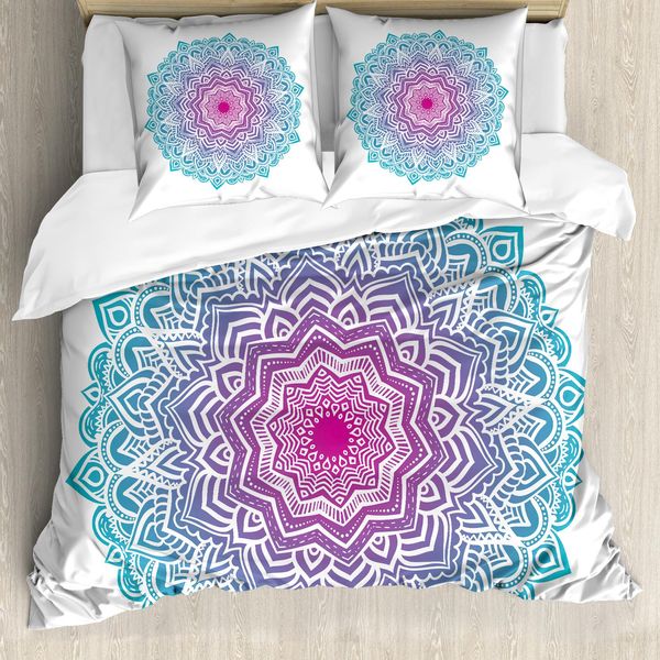 Abakuhaus Copripiumino Mandala, Motivo Floreale, Antiacaro, Adatto A Chi Soffre Di Allergie, Con Federe, 155 Cm X 220 Cm - 80 X 80 Cm, Bianco, Rosa E Blu-image