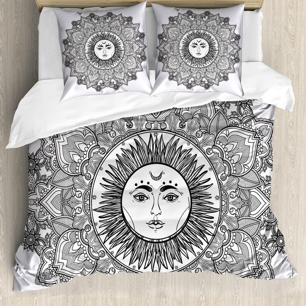 Abakuhaus Copripiumino Mandala, Fiori Boho, Antiacaro, Adatto A Chi Soffre Di Allergie, Con Federe, 155 Cm X 220 Cm - 80 X 80 Cm, Bianco E Nero-image