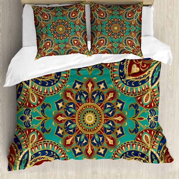 Abakuhaus Set Copripiumino Mandala Per Letti Matrimoniali, Arabeschi Orientali, Antiacaro, Adatto A Chi Soffre Di Allergie, Con Federe, Rosso Verde Blu-image