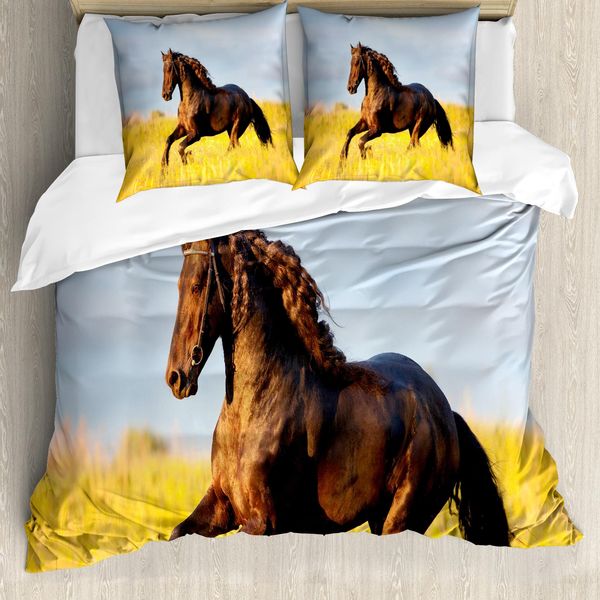 Abakuhaus Copripiumino Cavalli, Prato Segreto Cavallo, Antiacaro Adatto A Chi Soffre Di Allergie Con Federe, 155 Cm X 220 Cm - 80 X 80 Cm, Giallo Marrone Blu-image