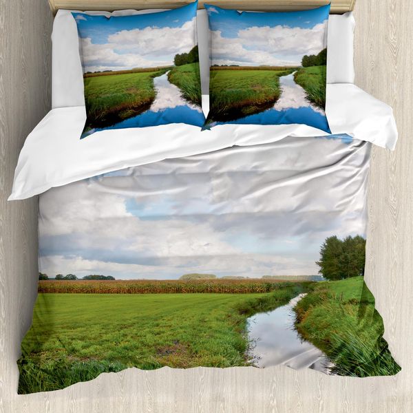 Abakuhaus Copripiumino Paesaggio, Calmo Fiume Prati Alberi, Antiacaro Adatto A Chi Soffre Di Allergie Con Federe, 155 Cm X 220 Cm - 80 X 80 Cm, Verde, Blu, Bianco-image
