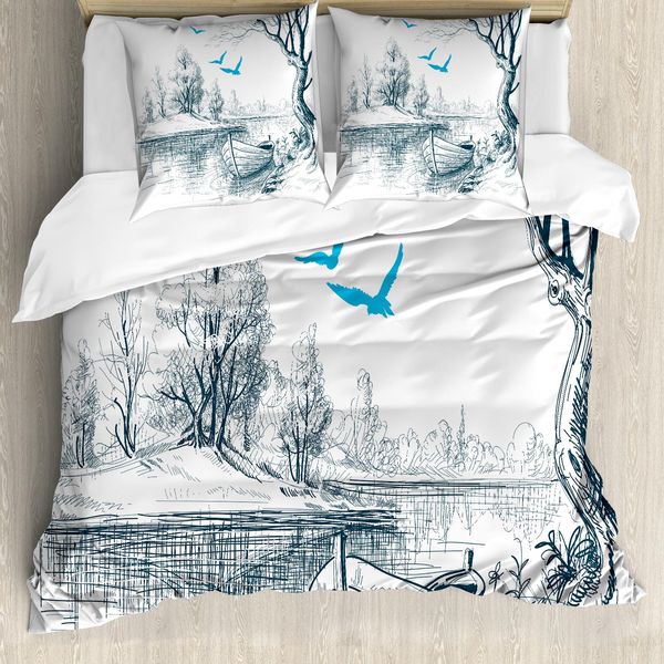 Abakuhaus Copripiumino Paesaggio, Disegno Barca Sul Fiume, Antiacaro, Adatto A Chi Soffre Di Allergie, Con Federe, 155 Cm X 220 Cm - 80 X 80 Cm, Bianco Grigio Blu-image