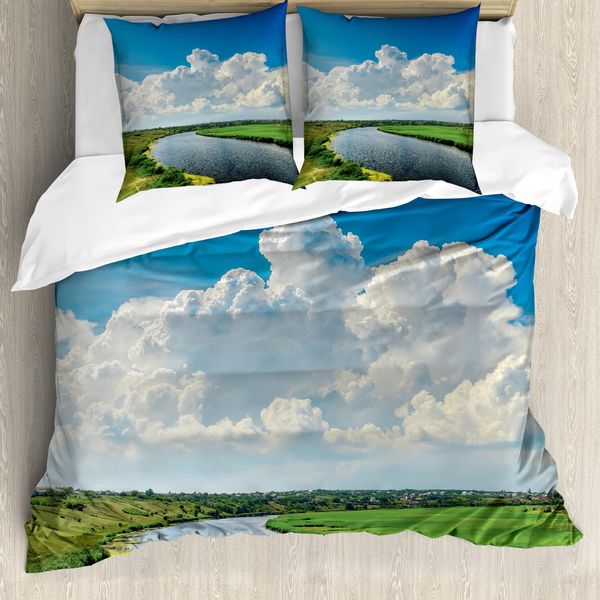 Abakuhaus Copripiumino Naturale, Wolken Fluss Meadows, Antiacaro, Adatto A Chi Soffre Di Allergie, Con Federe, 155 Cm X 220 Cm - 80 X 80 Cm, Verde, Blu, Bianco-image