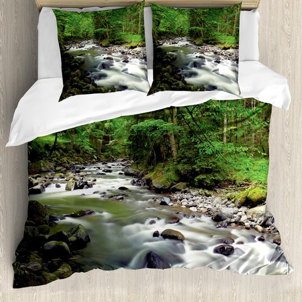 Abakuhaus Copripiumino Wald, Riverbed Rock Alberi, Antiacaro Adatto A Chi Soffre Di Allergie Con Federe, 200 Cm X 200 Cm - 80 X 80 Cm, Verde, Grigio, Bianco-image