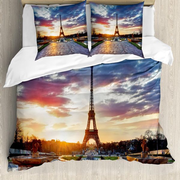 Abakuhaus Copripiumino Torre Eiffel, Paesaggio All'alba, Antiacaro, Adatto A Chi Soffre Di Allergie, Con Federe, 155 Cm X 220 Cm - 80 X 80 Cm, Blu Navy, Giallo, Verde-image