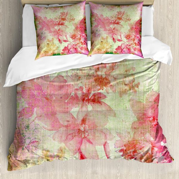 Abakuhaus Copripiumino Con Motivo Floreale, Design Retrò Vintage Grunge, Antiacaro E Anallergico, Con Federe, 155 Cm X 220 Cm - 80 X 80 Cm, Rosa E Verde-image