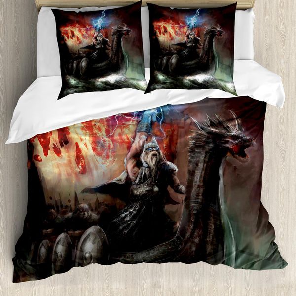 Abakuhaus Copripiumino Drachen, Barca Vichinga Mare In Tempesta, Antiacaro Adatto A Chi Soffre Di Allergie Con Federe, 200 Cm X 200 Cm - 80 X 80 Cm, Multicolore-image