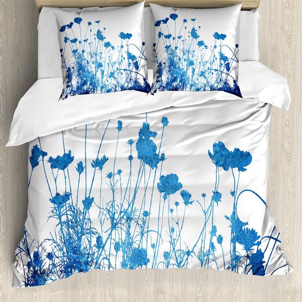 Abakuhaus Copripiumino Astratto, Fiori Selvatici, Antiacaro, Adatto A Chi Soffre Di Allergie, Con Federe, 155 Cm X 220 Cm - 80 X 80 Cm, Blu E Bianco-image