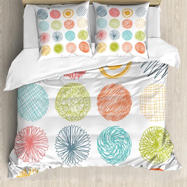 Abakuhaus Set Copripiumino Astratto Per Letti Matrimoniali, Disegno Moderno A Cerchi, Antiacaro, Adatto A Chi Soffre Di Allergie, Con Federe, Bianco Multicolore-image