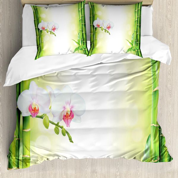 Copripiumino Abakuhaus Spa, Orchidee E Rami Di Bambù, Antiacaro, Adatto A Chi Soffre Di Allergie, Con Federe, 200 Cm X 200 Cm - 80 X 80 Cm, Bianco E Verde-image