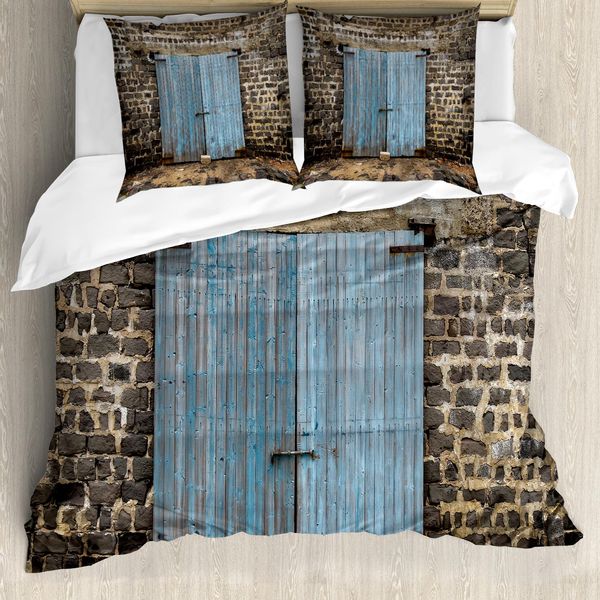 Abakuhaus Copripiumino Rustico, Muro Di Pietra Medievale, Antiacaro, Adatto A Chi Soffre Di Allergie, Con Federe, 155 Cm X 220 Cm - 80 X 80 Cm, Blu Grigio-image
