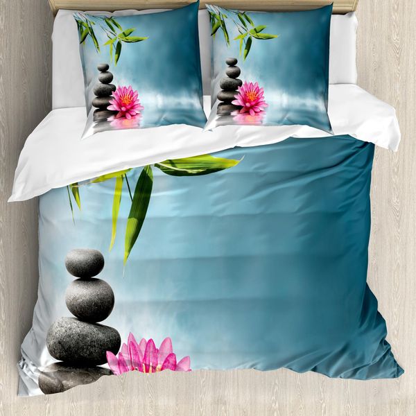 Abakuhaus Copripiumino Spa, Motivo Spa Rock, Antiacaro, Adatto A Chi Soffre Di Allergie, Con Federe, 200 Cm X 200 Cm - 80 X 80 Cm, Blu-Rosa-Verde-image