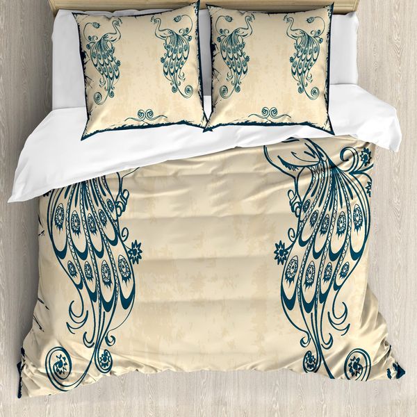 Abakuhaus Copripiumino Pavone, Pavone Vintage, Antiacaro, Adatto A Chi Soffre Di Allergie, Con Federe, 155 Cm X 220 Cm - 80 X 80 Cm, Beige Teal-image