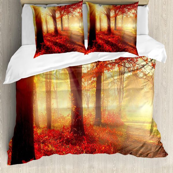 Abakuhaus Copripiumino Wald, Mattina Nebbiosa Nel Bosco, Antiacaro Adatto A Chi Soffre Di Allergie Con Federe, 155 Cm X 220 Cm - 80 X 80 Cm, Giallo Rosso-image
