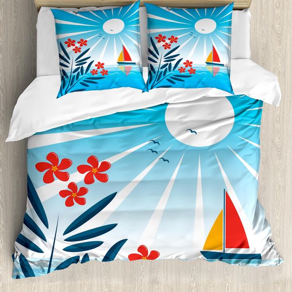 Abakuhaus Copripiumino Nautico, Oleandro E Barca A Vela, Antiacaro, Adatto A Chi Soffre Di Allergie, Con Federe, 155 Cm X 220 Cm - 80 X 80 Cm, Blu Arancione Bianco-image