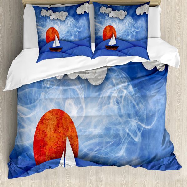 Abakuhaus Copripiumino Nautico, Nave Su Acque Nebbiose, Antiacaro, Adatto A Chi Soffre Di Allergie, Con Federe, 155 Cm X 220 Cm - 80 X 80 Cm, Blu Arancione Bianco-image