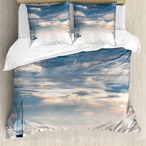 Abakuhaus Copripiumino Nautico, Yacht A Vela Al Tramonto, Antiacaro, Adatto A Chi Soffre Di Allergie, Con Federe, 200 Cm X 200 Cm - 80 X 80 Cm, Blu-image