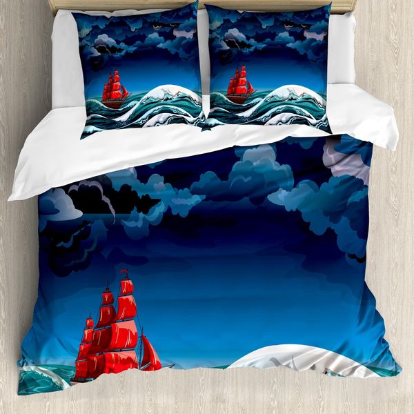 Abakuhaus Copripiumino Nautico, Nave Cartoon Sulle Onde, Antiacaro, Adatto A Chi Soffre Di Allergie, Con Federe, 200 Cm X 200 Cm - 80 X 80 Cm, Blu Arancione Prugna-image