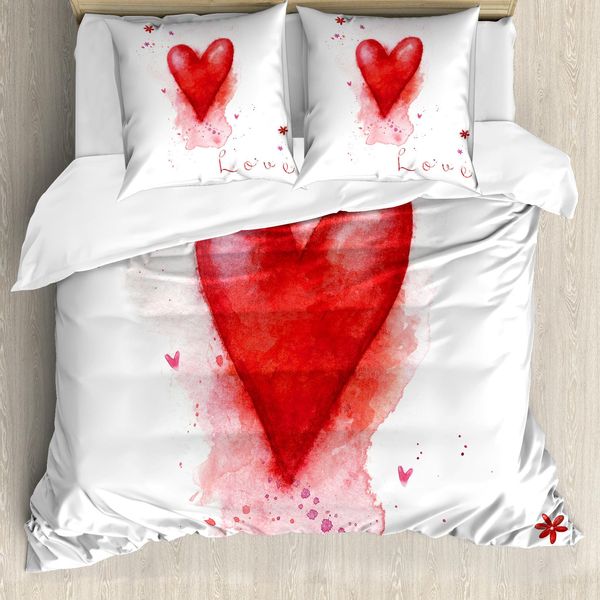 Abakuhaus Copripiumino Liebe, Effetto Acquerello A Cuori, Antiacaro, Adatto A Chi Soffre Di Allergie, Con Federe, 200 Cm X 200 Cm - 80 X 80 Cm, Rosso-Bianco-image