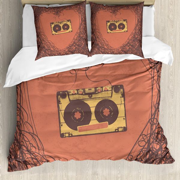 Abakuhaus Copripiumino Musicale, Musica Retrò Su Cassetta, Antiacaro, Adatto A Chi Soffre Di Allergie, Con Federe, 155 Cm X 220 Cm - 80 X 80 Cm, Arancione Marrone-image