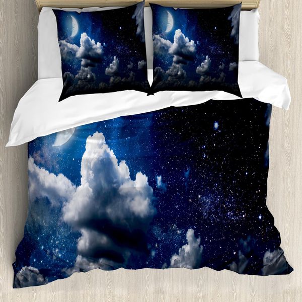 Abakuhaus Copripiumino Wolken, Luna, Nuvole, Notte Stellata, Antiacaro, Adatto A Chi Soffre Di Allergie, Con Federe, 155 Cm X 220 Cm - 80 X 80 Cm, Blu Scuro Bianco-image