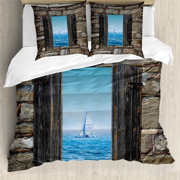 Abakuhaus Copripiumino Nautico, Barca A Vela Idilliaca, Antiacaro, Adatto A Chi Soffre Di Allergie, Con Federe, 200 Cm X 200 Cm - 80 X 80 Cm, Grigio Blu-image