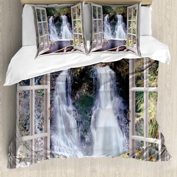 Abakuhaus Copripiumino Waterfall, Nationalpark-Fluss, Antiacaro, Adatto A Chi Soffre Di Allergie, Con Federe, 200 Cm X 200 Cm - 80 X 80 Cm, Marrone Verde-image