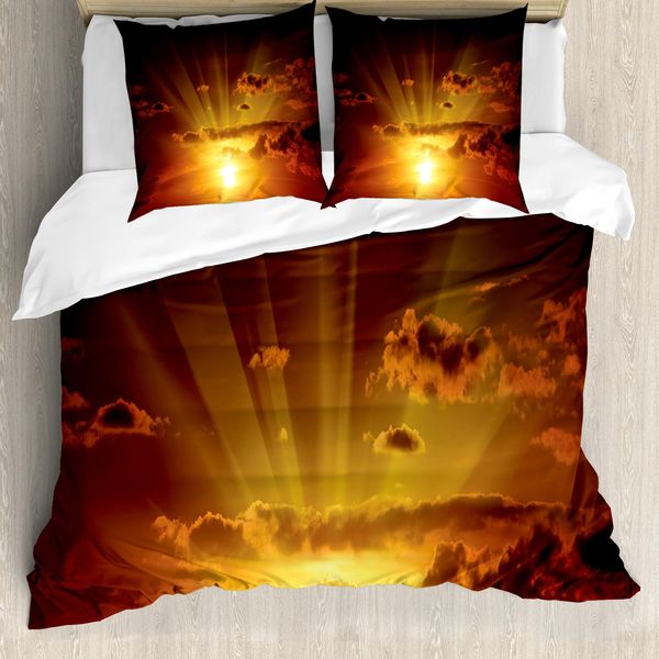 Abakuhaus Set Copripiumino Naturale Per Letti Matrimoniali, Tramonto Magico Infuocato, Antiacaro, Adatto A Chi Soffre Di Allergie, Con Federe, Arancione-image
