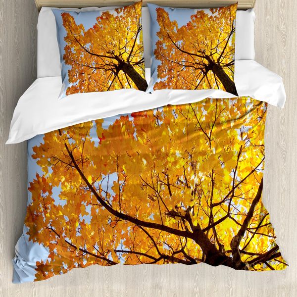 Abakuhaus Copripiumino Foglie, Foglie D'acero Autunno, Antiacaro Adatto A Chi Soffre Di Allergie Con Federe, 200 Cm X 200 Cm - 80 X 80 Cm, Arancione Blu-image