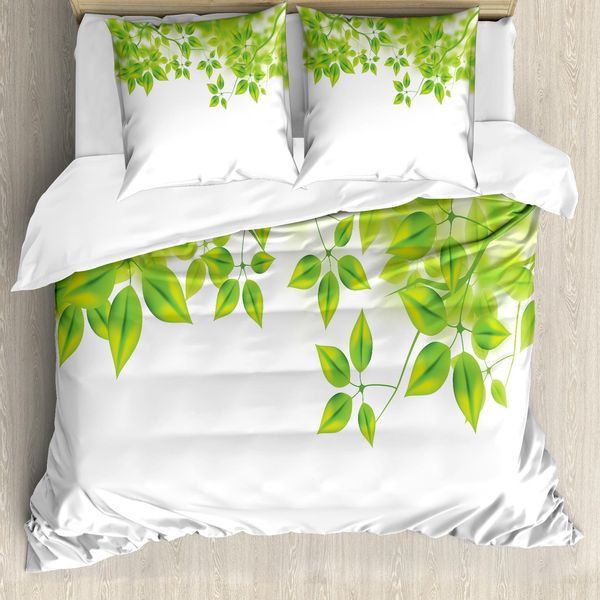 Abakuhaus Copripiumino Foglie, Foglie Arte Primaverile, Antiacaro Adatto A Chi Soffre Di Allergie Con Federe, 155 Cm X 220 Cm - 80 X 80 Cm, Verde Bianco-image