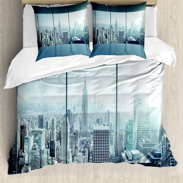 Abakuhaus New York Copripiumino, Città Moderna Urbana, Antiacaro, Adatto A Chi Soffre Di Allergie, Con Federe, 200 Cm X 200 Cm - 80 X 80 Cm, Azzurro-image