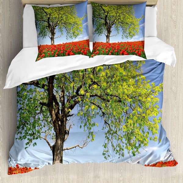 Abakuhaus Copripiumino Mohn, Paesaggio Primaverile Con Fiori, Antiacaro, Adatto A Chi Soffre Di Allergie, Con Federe, 200 Cm X 200 Cm - 80 X 80 Cm, Verde, Rosso, Blu-image